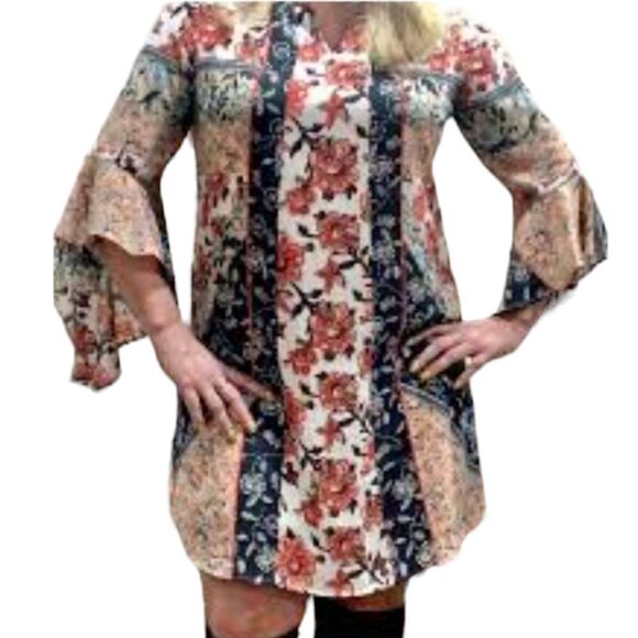 Cato Work Dress Ruffled Bell Sleeve Shift Feminine Bohemian Wedding Guest Formal - Picture 2 of 16